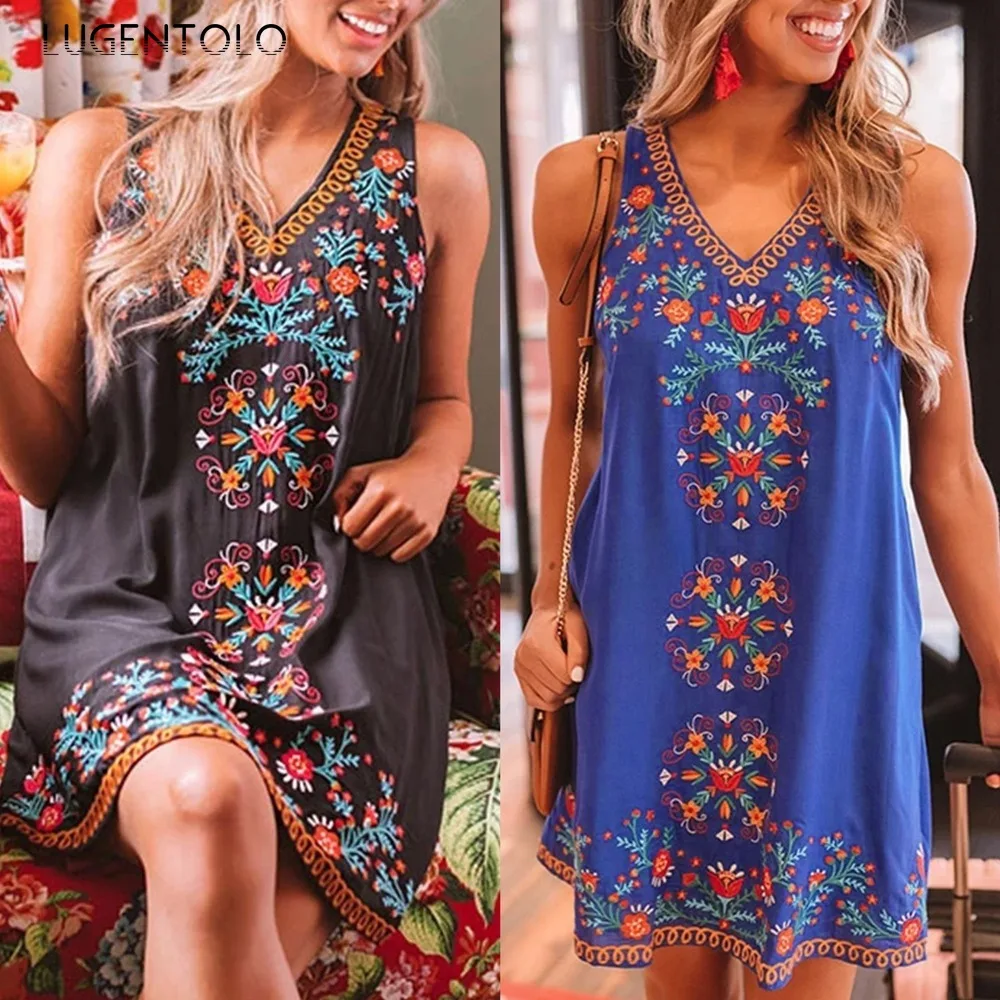 

Lugentolo Summer Mini Dress Women Fashion Print Sleeveless Tank V-Neck Casual A-Line Loose Womens Sexy Dress