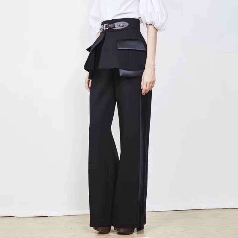 

European Luxury Fashion Cummerbund Leather Belt Contrast Stitching Drape Straight-Leg Trousers Female Business Commuter Trouser