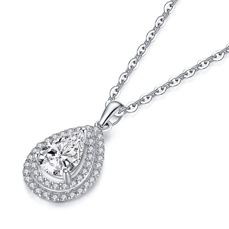 

925 Sterling Silver 2.0ct Pear Cut Double Halo Pendant Necklace for Women Simulated Diamond Teardrop Necklace 18''
