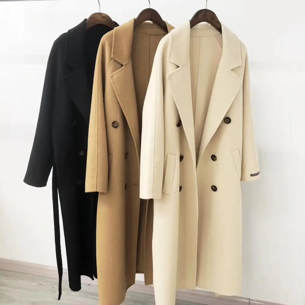 

2021 Autumn Women Woolen Coat Turn Down Collar Double Breasted Long Wool Coat Camel Women Warm Coat Casaco Feminino