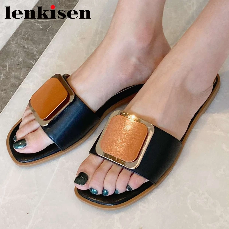 

Lenkisen hot natural leather peep toe low heel outside slipper high quality metal decorations young lady fashion shoes women L10