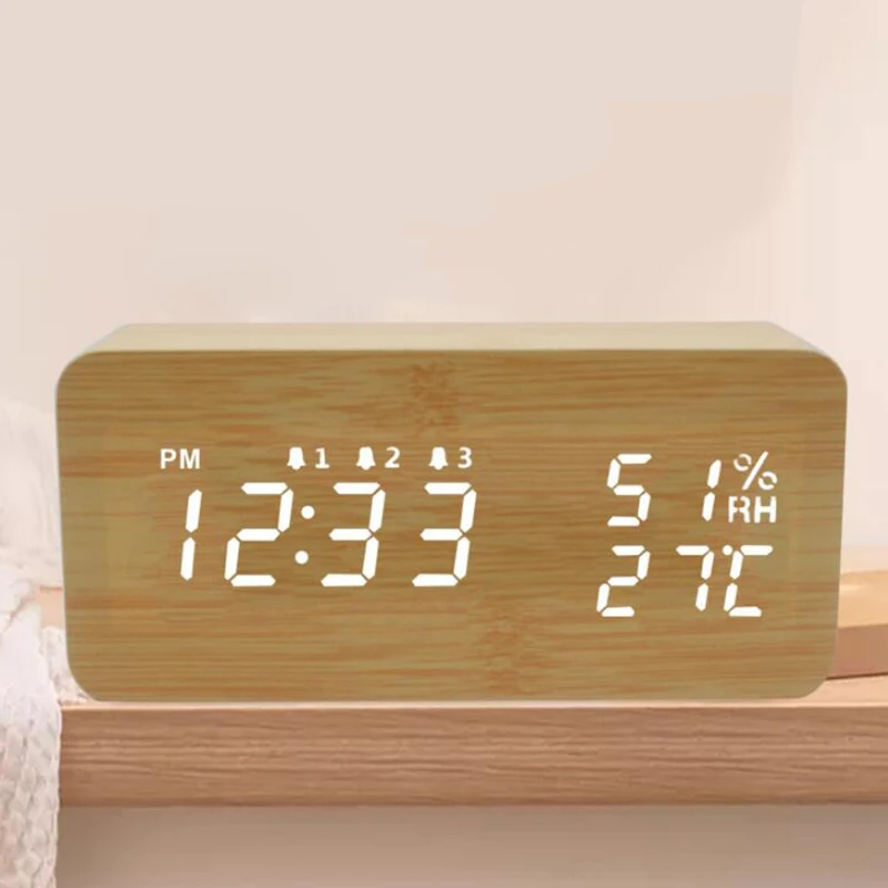 LED Wooden Temperature and Humidity Alarm Clock Table Voice Control Digital Wood Electronic Desktop Clocks Decor | Дом и сад