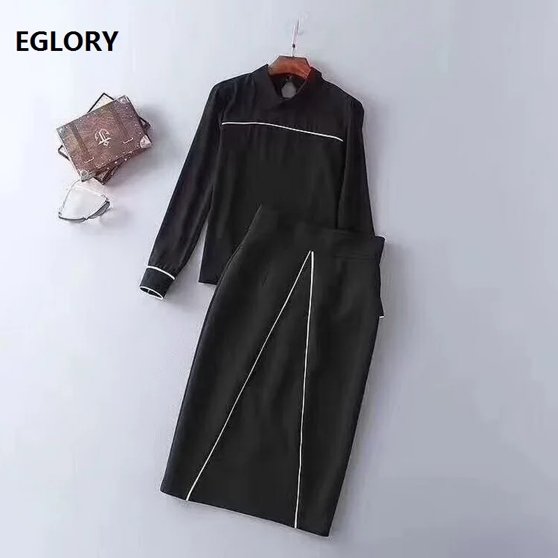 

Женский костюм с отложным воротником, рубашка с длинным рукавом и облегающая юбка до середины икры, осень 2020