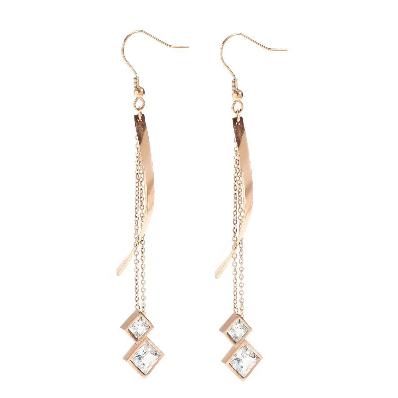 

High Quality Titanium Steel Zirconia Multilayer Long Geometric Tassel Drop Earrings For Women Party Fashion Earrings Jewelry