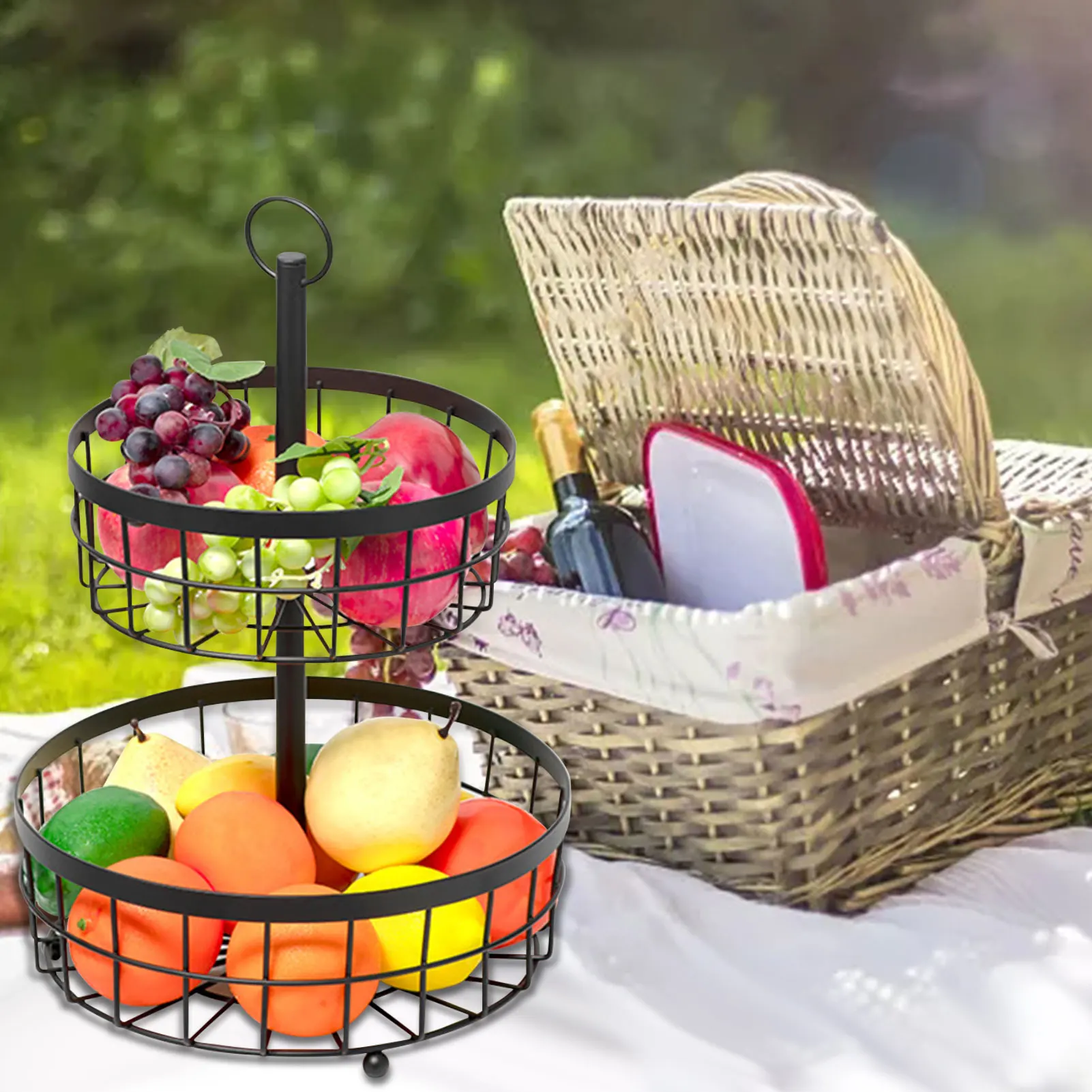 

2-tier Water Drain Fruit Basket Seasoning Bottle Storage Basket Rotatable Fresh Fruits And Veggies expert