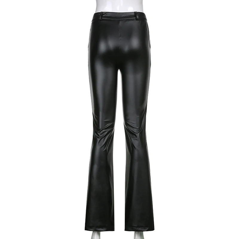 

IAMSURE Cool Black Women Pu Pants Casual Low Waist Slim Leather Trousers Wide Leg Pants 2021 Winter Warm Streetwear Fashion Y2K