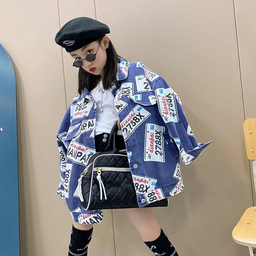 

Baby girl fashion print vintage denim jacket 2021 spring autumn new loose cowboy coats children outerwear tops kids jacket wz12