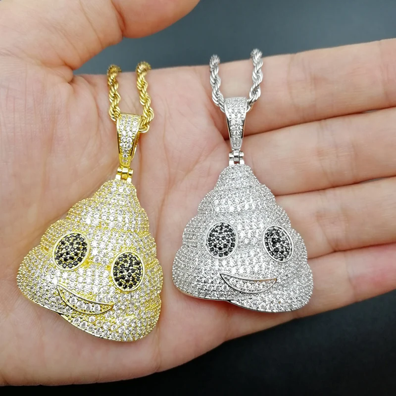 Hip Hop AAA CZ Zircon Paved Bling Iced Out Poop Expression Pendants Necklace for Men Rapper Jewelry Gold Silver Color | Украшения и