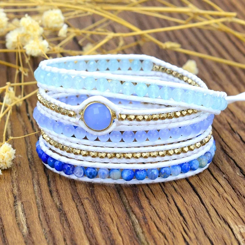 Boho Аквамариновый браслет Non кожаный винтажный Натуральный камень 5 кабель