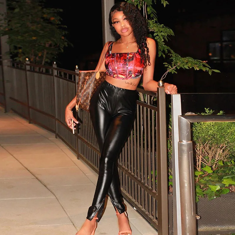

2022 Summer Faux PU Leather Women Pencil Pants Womens Side Split High Waist Trousers Popular Luxurious Design Tight Pants Female