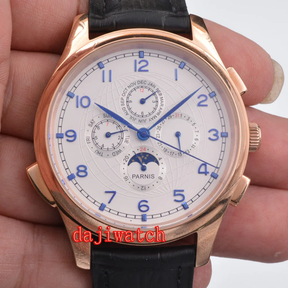 44 мм Parnis розовое золото чехол белый циферблат синий Автоматические Механические