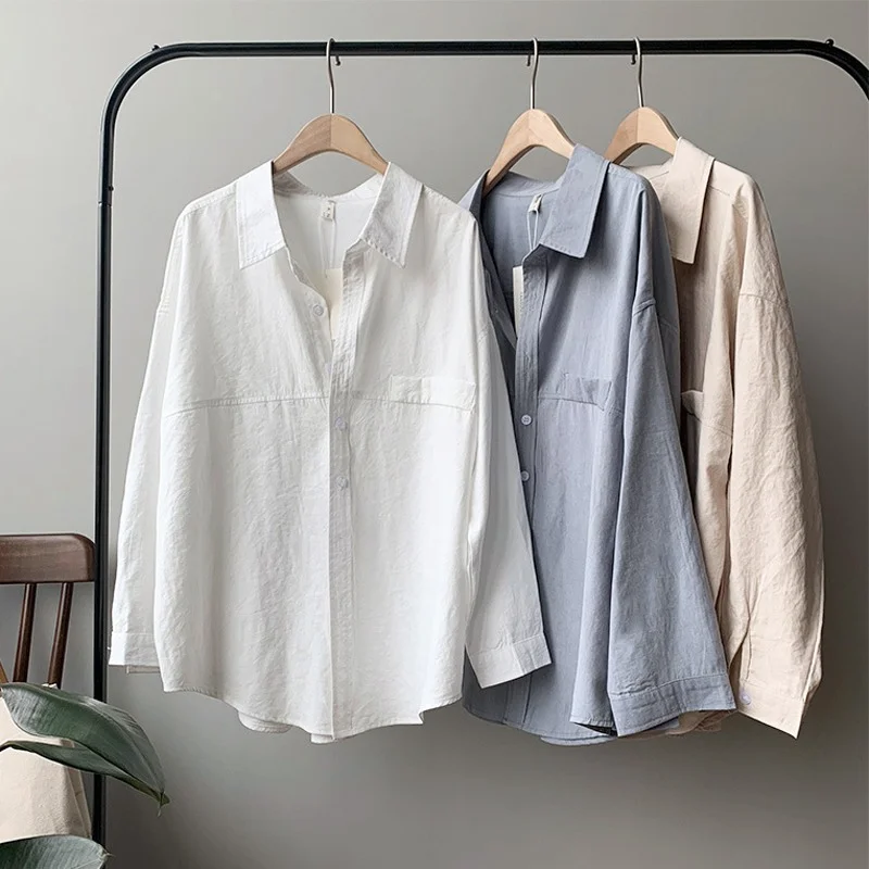 

Minimalist Loose White Shirts for Women Turn-down Collar Solid Female Shirts Tops 2021 Spring Summer Blouses