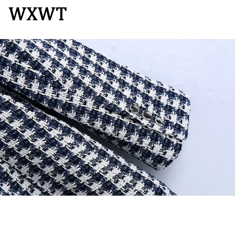 

WXWT Women Double Breasted Plaid Texture Slim Blazer Coat Vintage Long Sleeve Pockets Female High Street Outerwear Chic Tops