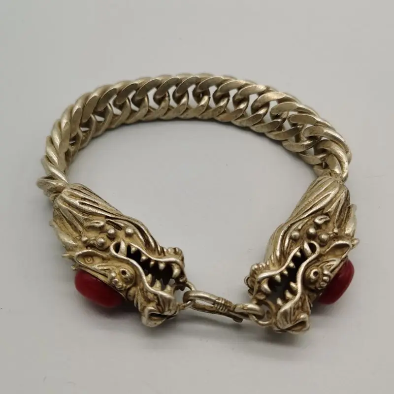 Античный красный нефритовый двойной дракон тибетский серебряный браслет |