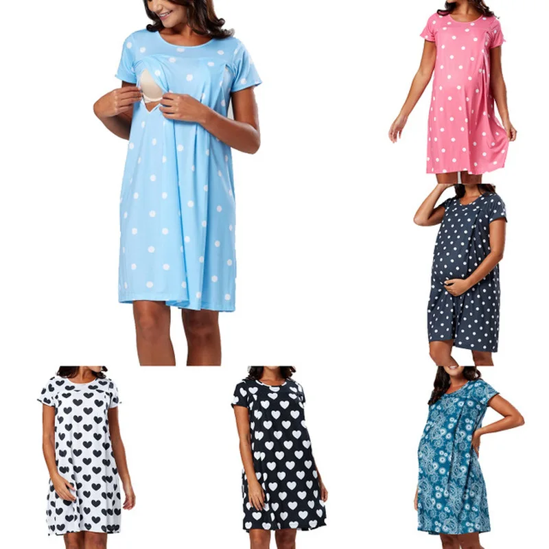 Popular Dot Printing Pregnant Dress Short Sleeve Boat Neck Maternity Dresses Casual Simple Nursing Breastfeeding | Мать и ребенок