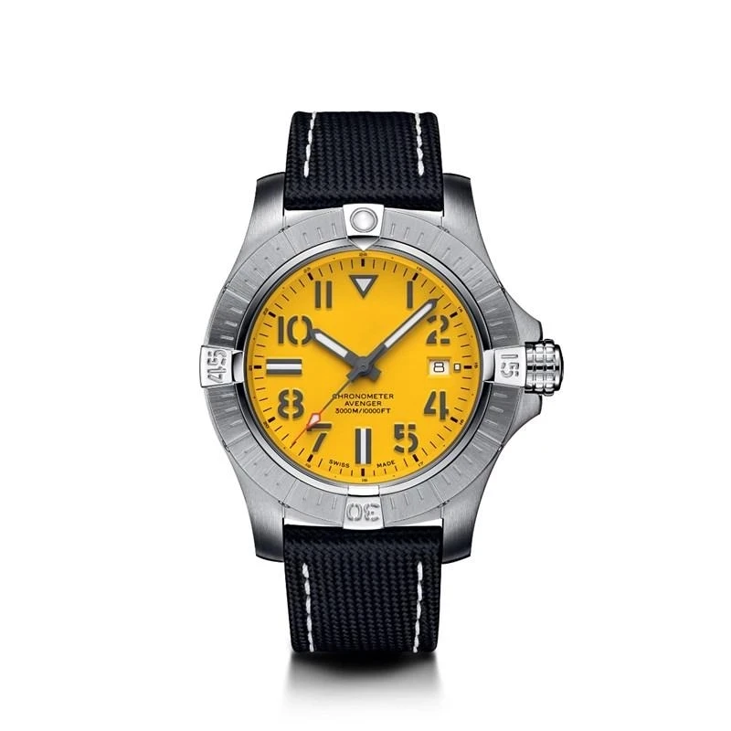

New Silver Black Canvas Leather Rubber Automatic Mechanical Men II Watch Stainless Steel Sport Watches Sapphire Yellow Dial