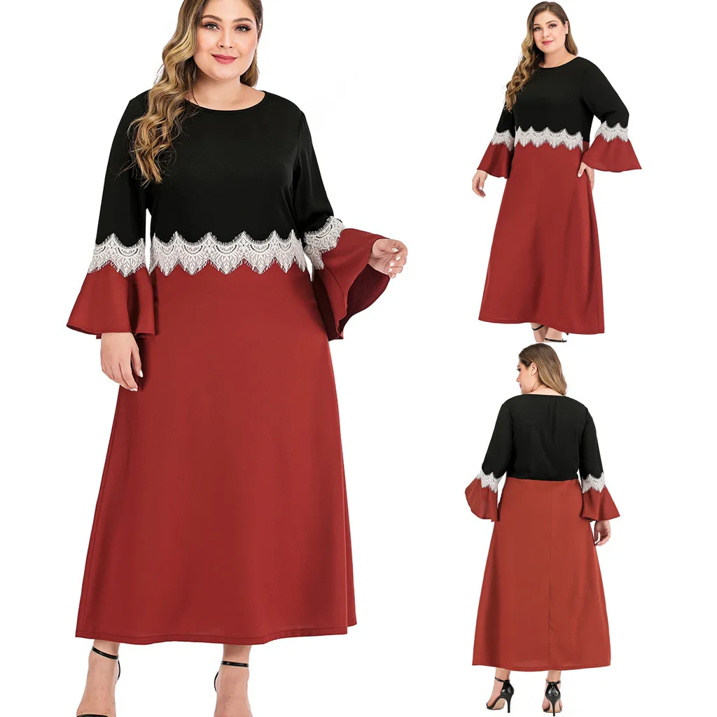 Модное женское Повседневное платье размера плюс с длинным рукавом однотонное