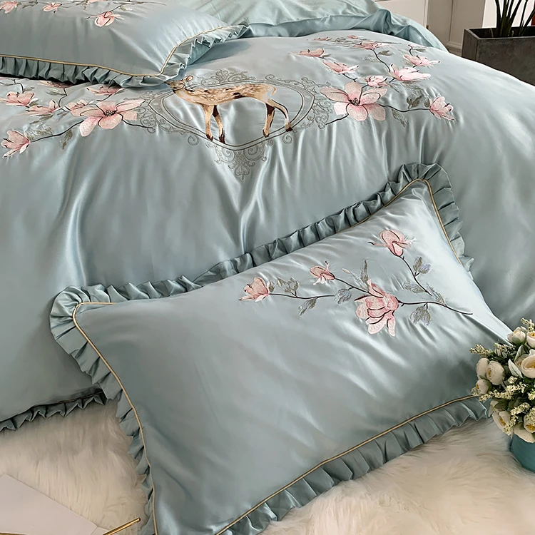 

Green Nordic Style Flowers Deer Embroidery Washed Silk Cotton Soft Bedding Set Duvet Cover Bed Linen Fitted Sheet Pillowcases
