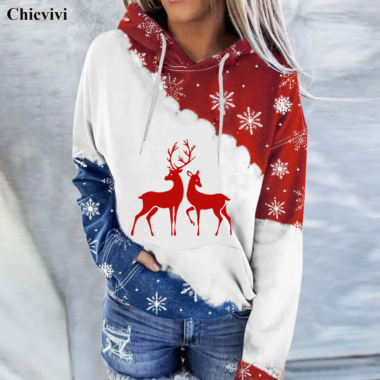 

Christmas Cartoon Women Hoodie Sweatshirts Patchwork Full Sleeve Autumn Pullover Top with Pocket Casual Oversized Sweatshirt