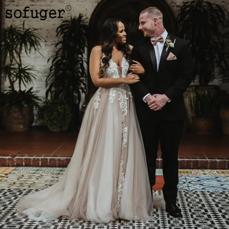Bohe Чемпион свадебное платье Кружева аппликации V образным вырезом Robe De Mariee Sofuge Дубай Арабский Abiti Da Sposa без рукавов