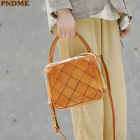 pndme fashion genuine leather stitching womens brown small handbag casual designer natural real cowhide shoulder messenger bag