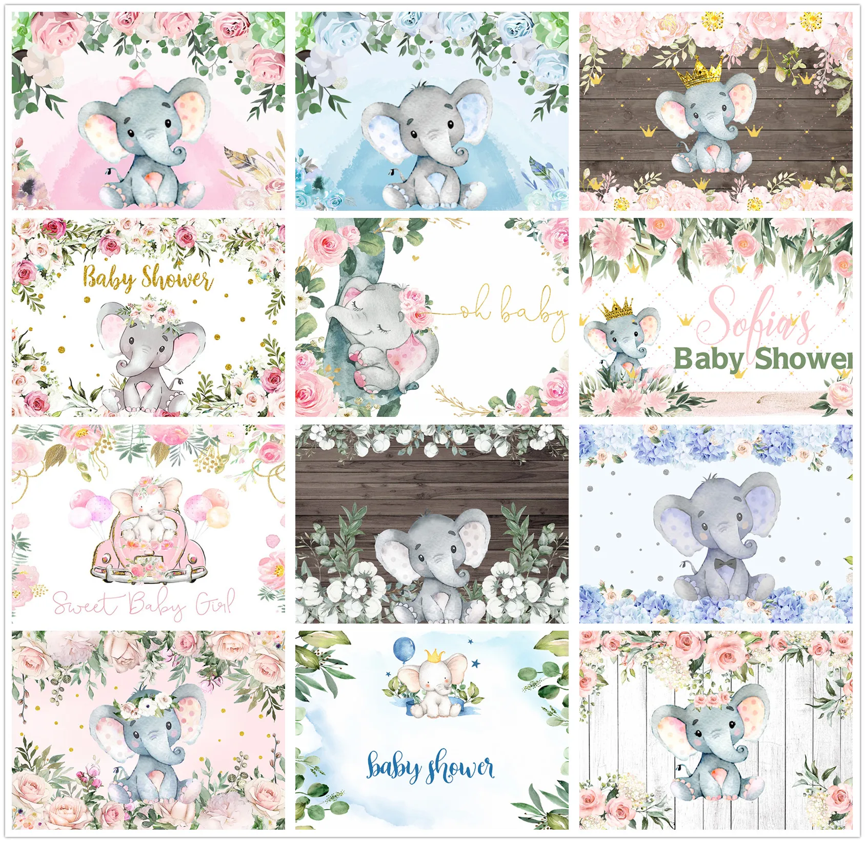 

HUAYI Elephant Baby Shower Backdrop Pink Blue Birthday Party Dessert Table Photography Background Watercolor Floral Decor Banner