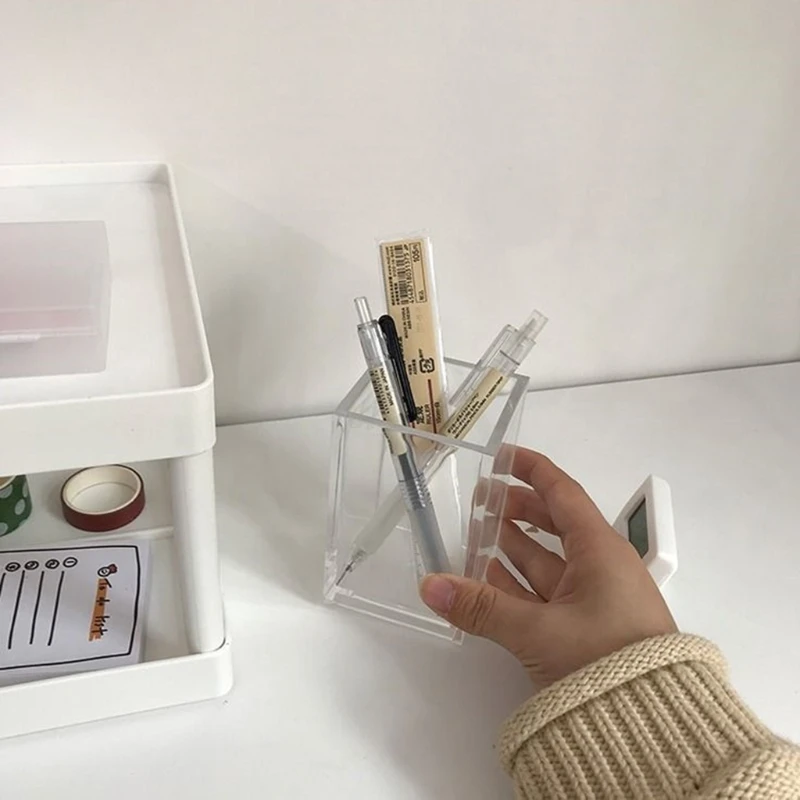 

Transparent Square Acrylic Pen Pencil Holder Student Stationery Storage Box Case