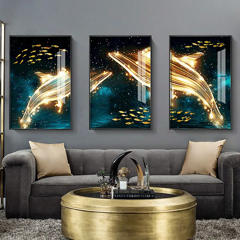 Whale Starry Sky Scenery Canvas Posters Wall Print Yellow Abstract Sea Animals Fish Combination Painting Living Room Decorative | Дом и сад