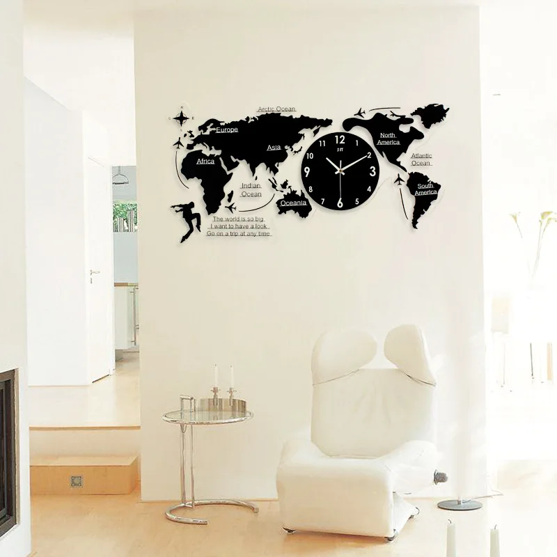 Большие настенные часы с современным дизайном картой мира домашний декор