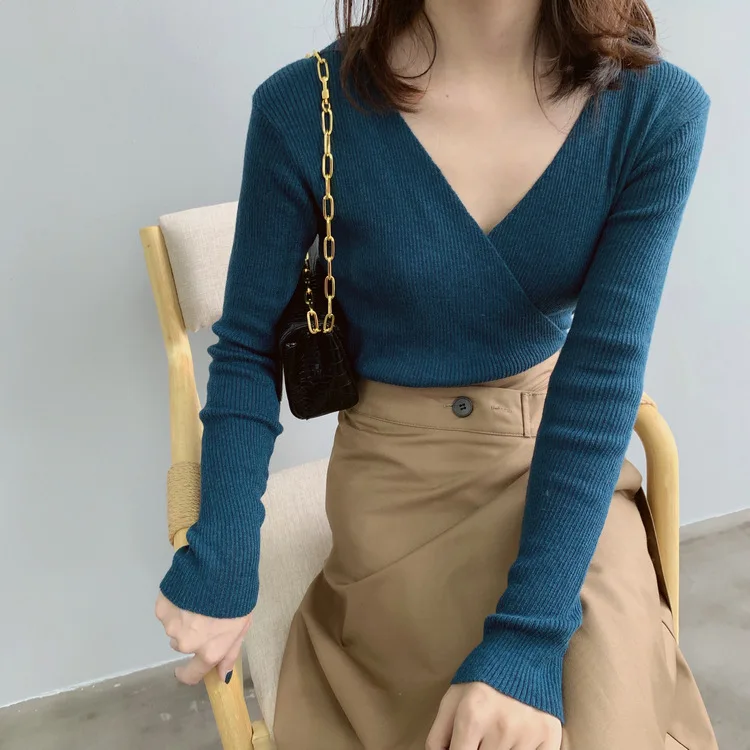 2019 осенний приталенный вязаный свитер с v-образным вырезом офисный женский