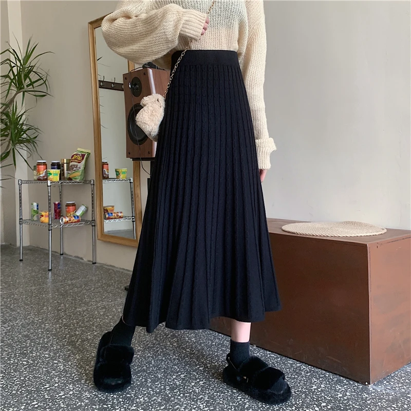 

Autumn Winter Wool Blend Thickened A-line Swing Rib Knitted Long Skirt
