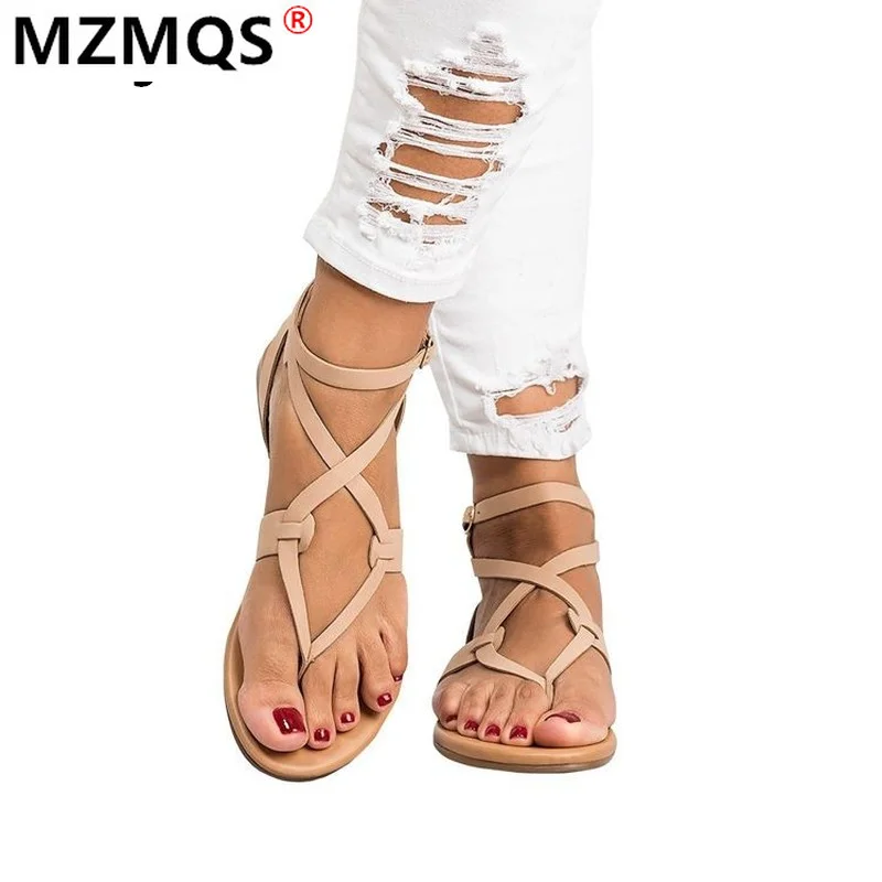 

Summer Women Buckle Casual Sandals Cross Tie Flat Ankle Summer New Beach Shoes Plus Size Vintage Ladies Gladiator Sandalias