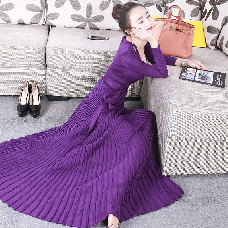 

womens dresses new arrival 2020 black / purple knitted dress sexy deep v neck tie belt long sleeve pleated maxi dress