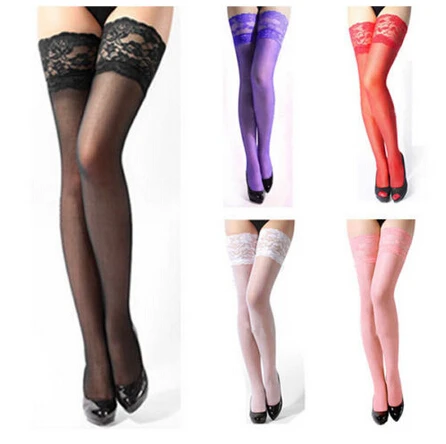 6 Color Sexy Stocking Women Sheer Lace Top Thigh High Stockings Nets Pantyhose womens Black White Red | Тематическая одежда и