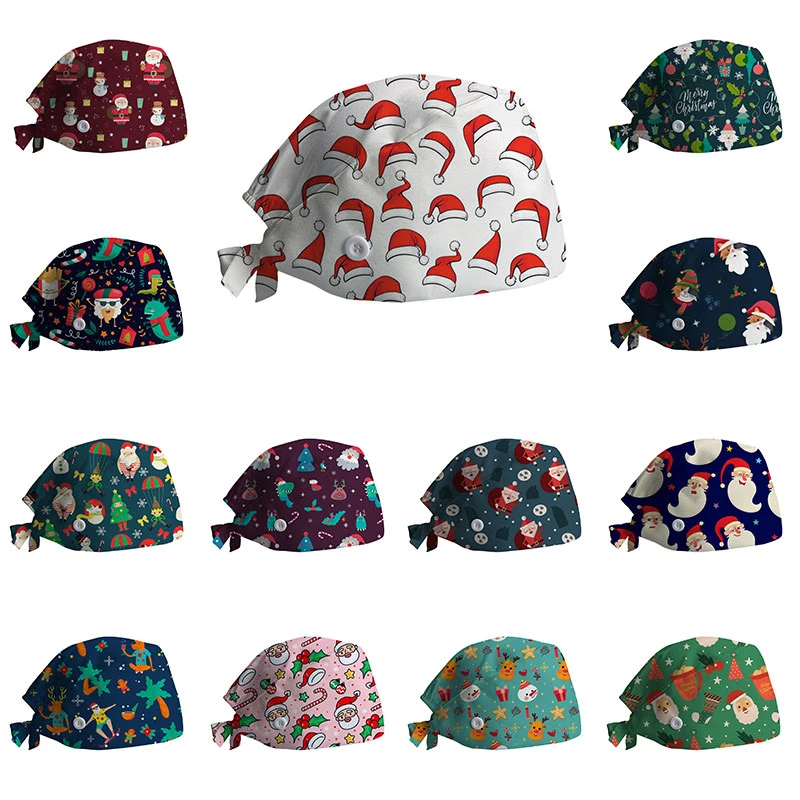 

Christmas Doctors Nurse Hat Buckle Baotou Cap Adjustable Sweat-Absorbent Towel Printing Surgical Cap Beauty Salon Pharmacy Caps