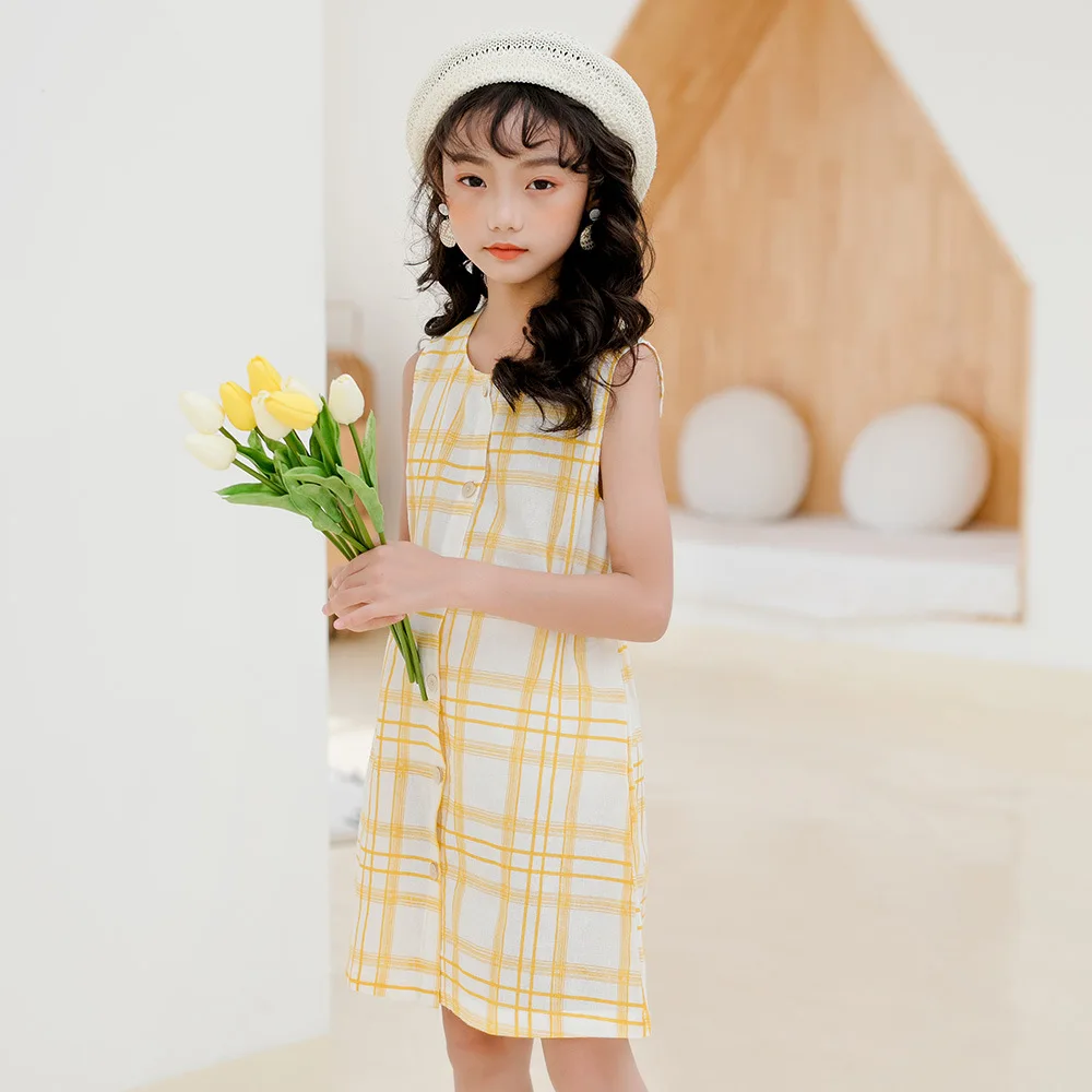Для девочек желтое платье в клетку летние платья для детей Хлопковое без рукавов
