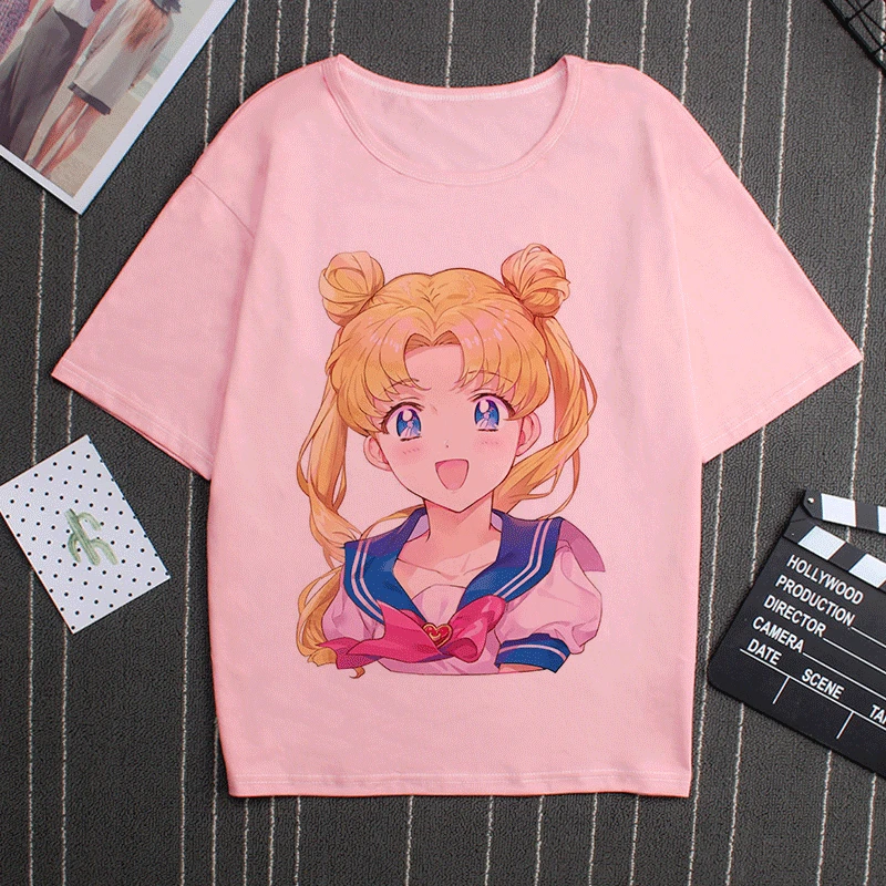 2869 Sailor Moon 90s Funny Pink T Shirt Harajuku Clothes Tshirt Aesthetic Cat Anime Vogue T-shirt Kawaii Graphic Tees Ullzang Women - Цвет: 2869