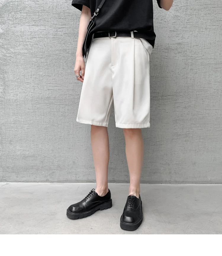 

Korean Men's Shorts Straight Fit Knee-Length Suit Pant Solid Beige Black Summer Clothing Student Thin Loose Casual Mens Shorts
