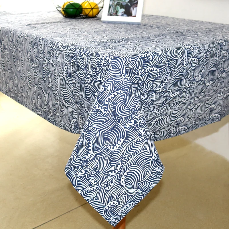 

Linen Washable Tablecloth With Tassel Wrinkle Free Outdoor & Indoor Dining Table Cover Blue