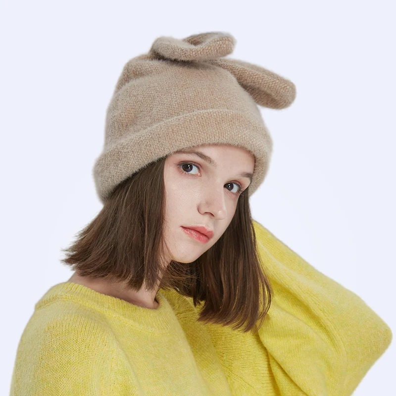 Женская вязаная шапка с кроличьими ушками осенне зимняя теплая бархатная Шапка