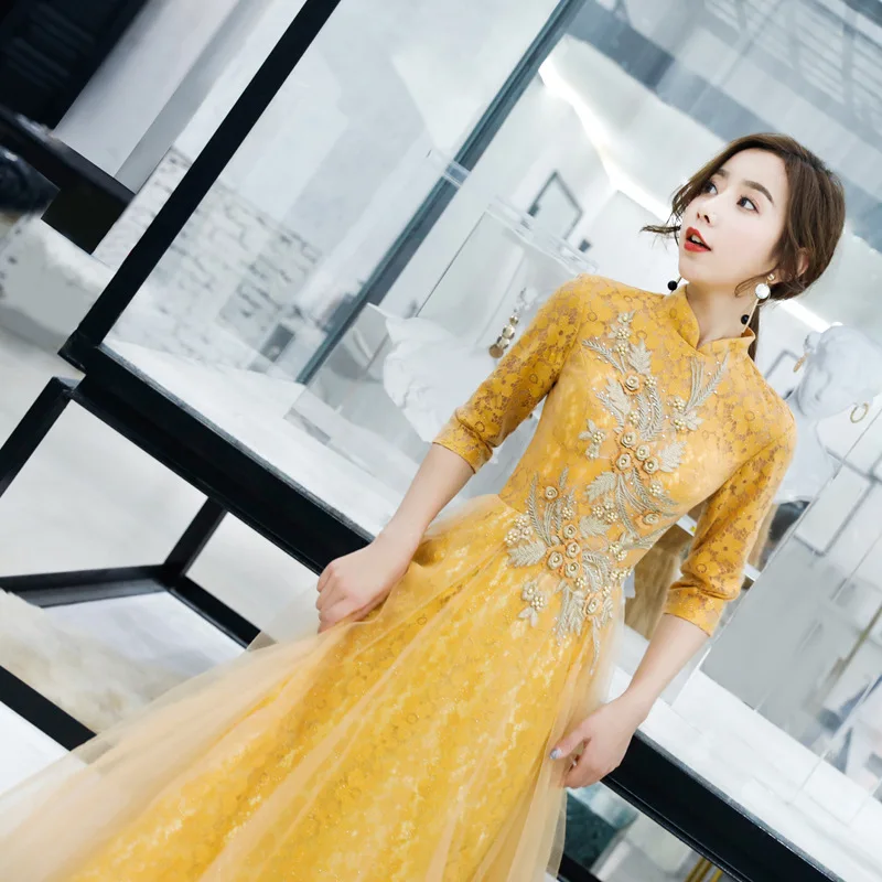 Золото с рукавом средней длины пряжи пикантные блестящие вечерние платье Для