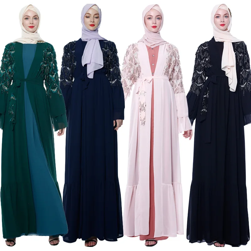 Кимоно женское с блестками и кисточками, открытый абайя, индейка, Дубай, мусульманский хиджаб, платье, кафтан, мусульманская одежда