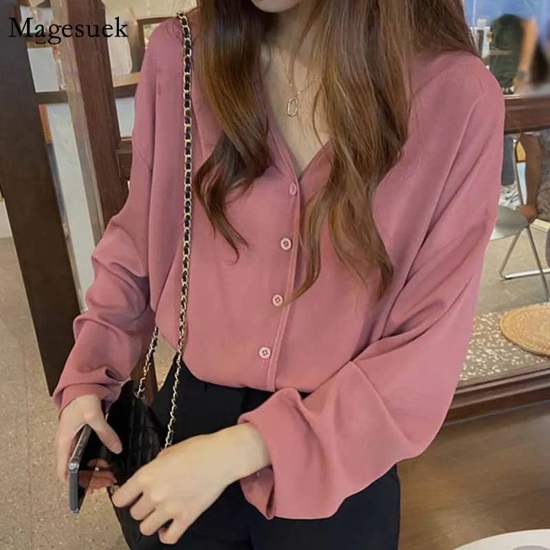 

Женская рубашка оверсайз с V-образным вырезом, Женские повседневные топы, осенний кардиган, однотонные свободные блузки, шифоновая блузка с ...