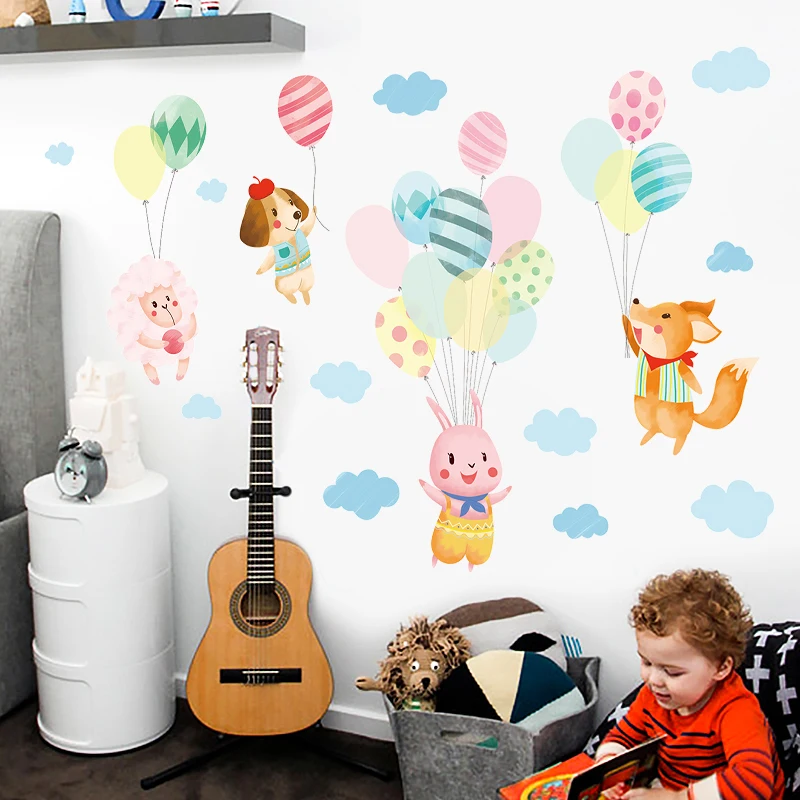 Детская комната 3D кролик с воздушным шаром настенные стикеры для домашнего декора самоклеящиеся декали с дикими животными.