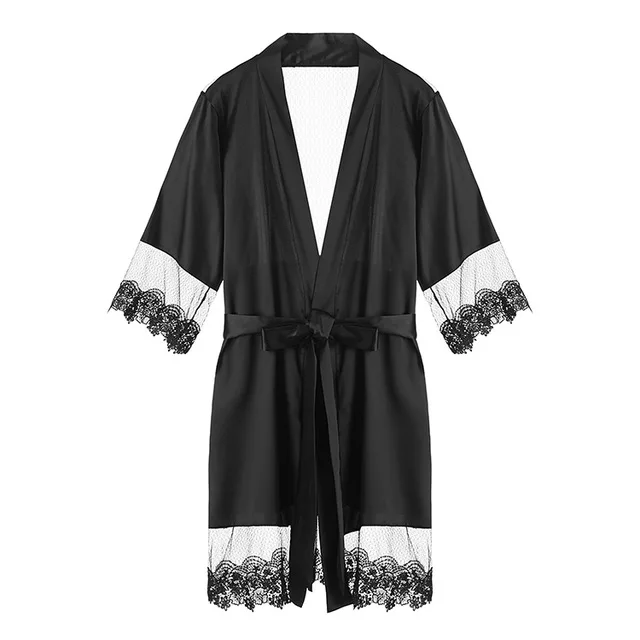 black robe Домашняя одежда, перспективная кружевная атласная ночная рубашка, комплект и халат, сексуальная женская шелковая сетчатая ночная рубашка с глубоким v-образным вырезом на спине - Цвет: black robe