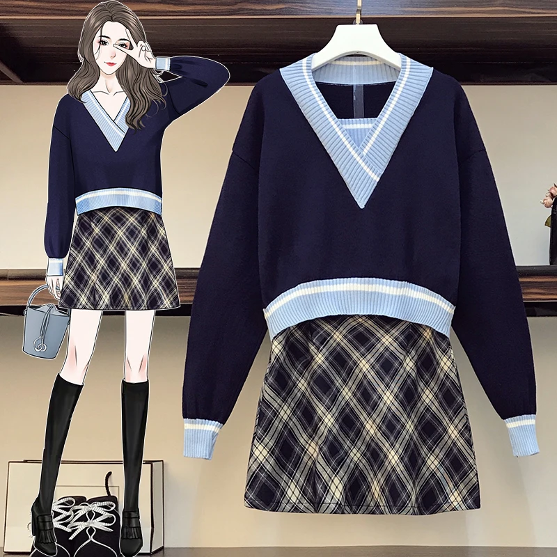 Plus Size Women Uniform Suit Sweet Sweater Top And Plaid Woolen Skirt Two Piece Set Outfit Winter Y2K Cute High Street Clothing |