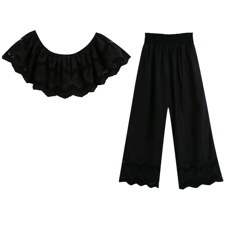 

Two piece set women's new solid color word collar hollow short top + high waist elastic hollow casual pants 2piece set women