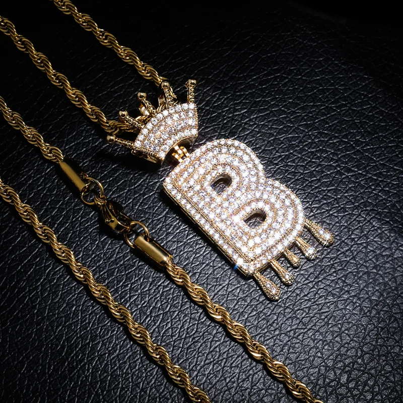

Fashion A-Z Initial Bubble Letter Name Crown Drip Letters Pendant Necklaces Men Women Gold Silver Color CZ Hip Hop Jewelry Gifts