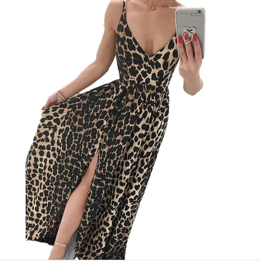 

Spaghetti Belt Women Maxi Dress Fashion V-Neck Leopard Print High Waist Sleeveless Nightclub Split Gown Vestidos De Muje