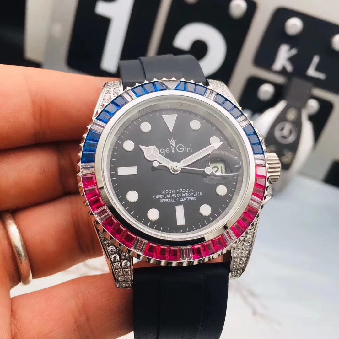 

Classic New Men Automatic Mechanical Silver Watch Black Red Blue Rubber Rainbow Diamond Stainless Steel Sapphire Waterproof